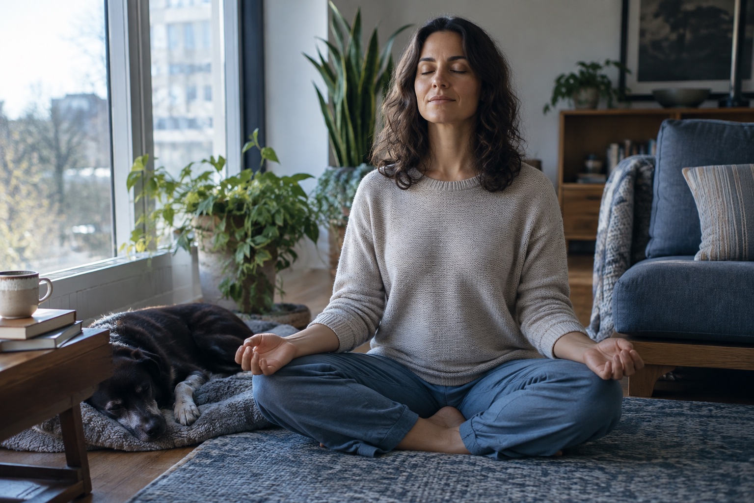 Persona meditando junto a una ventana