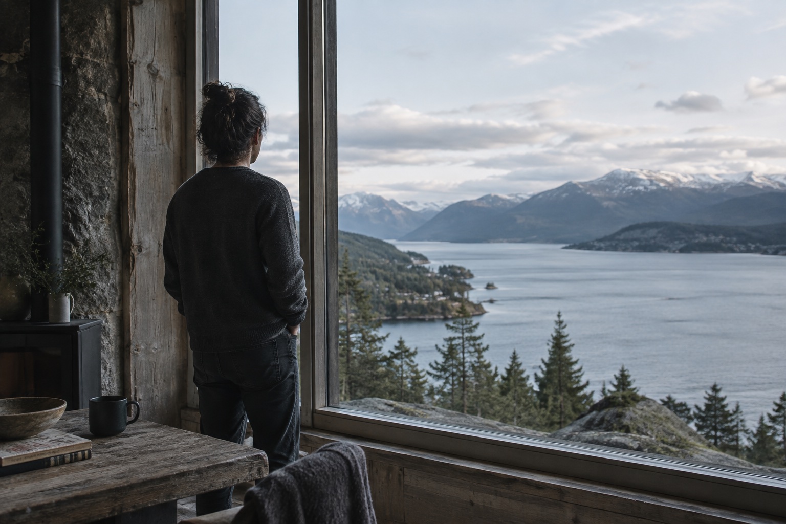 Una persona se detiene junto a una ventana abierta al paisaje